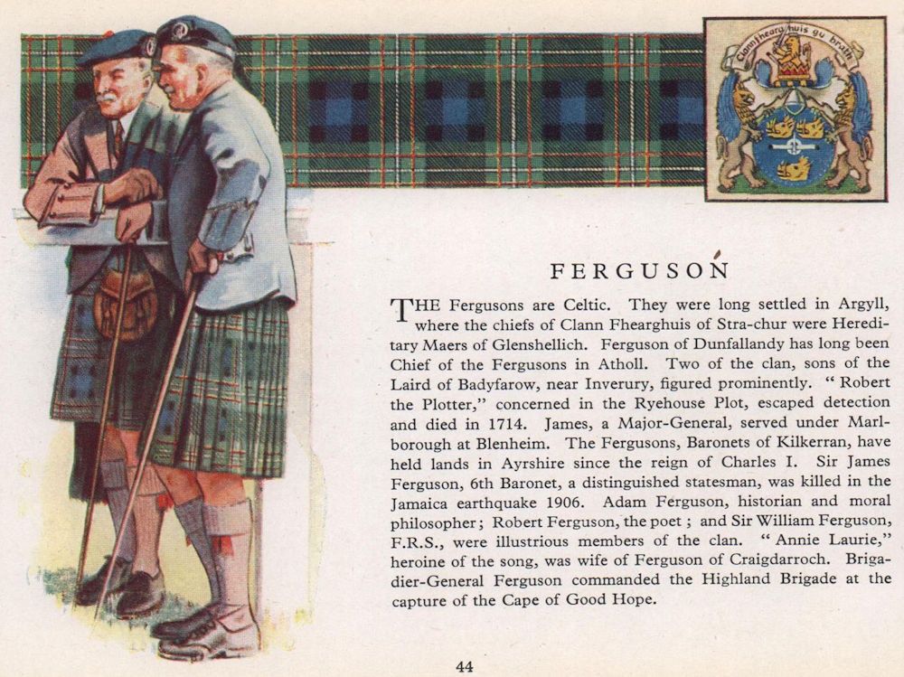 Ferguson. Scotland Scottish clans tartans arms 1957 old vintage print picture