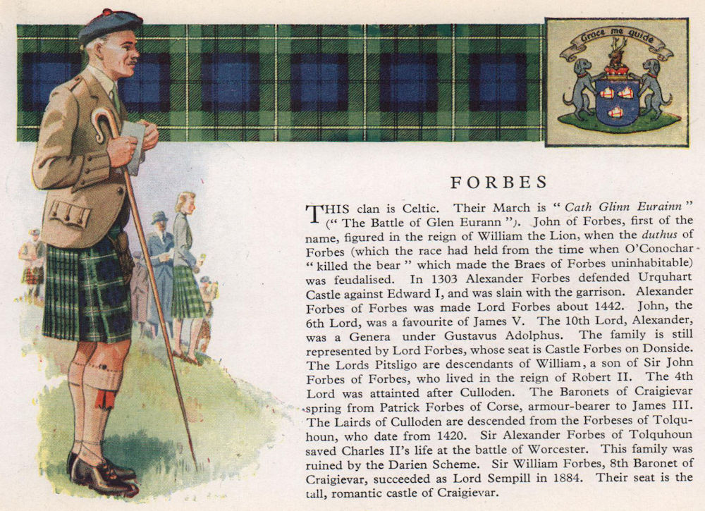 Forbes. Scotland Scottish clans tartans arms 1957 old vintage print picture