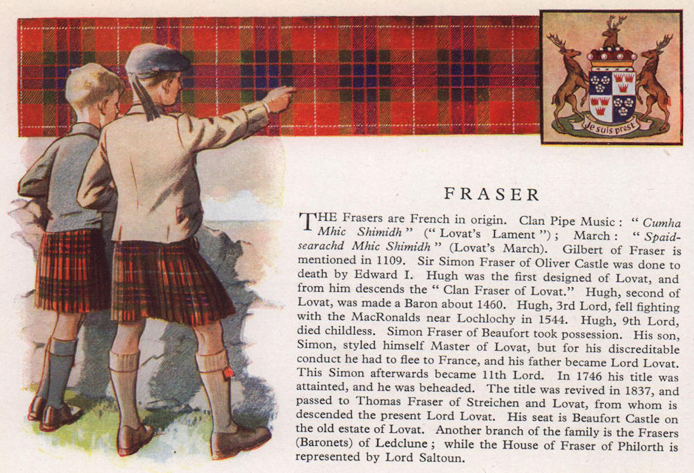 Fraser. Scotland Scottish clans tartans arms 1957 old vintage print picture