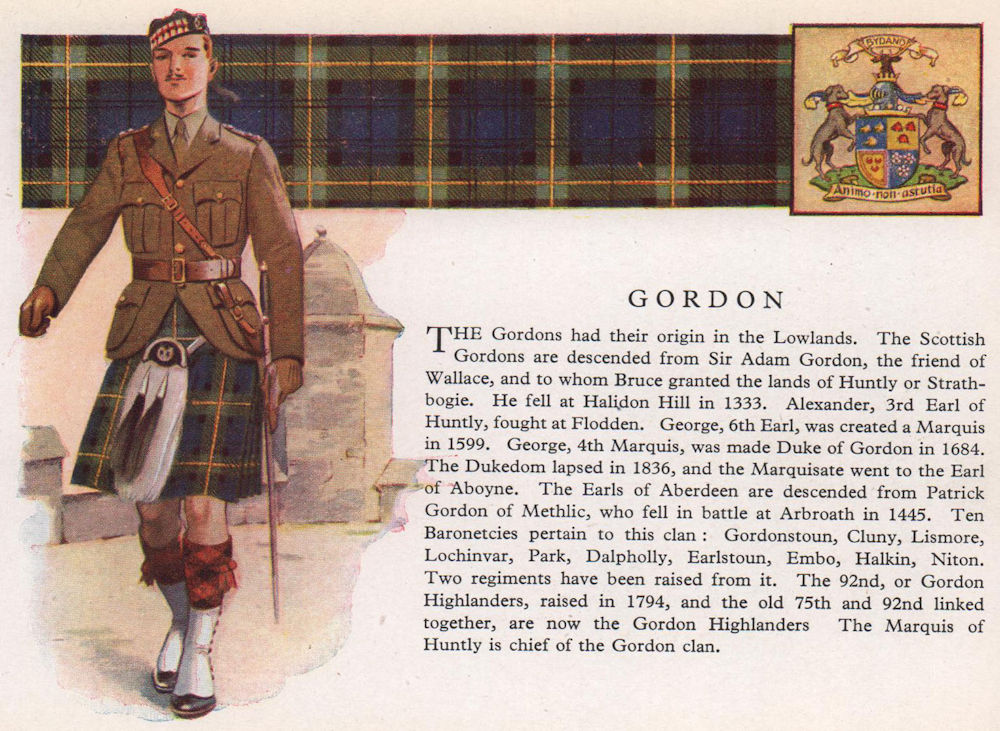 Gordon. Scotland Scottish clans tartans arms 1957 old vintage print picture