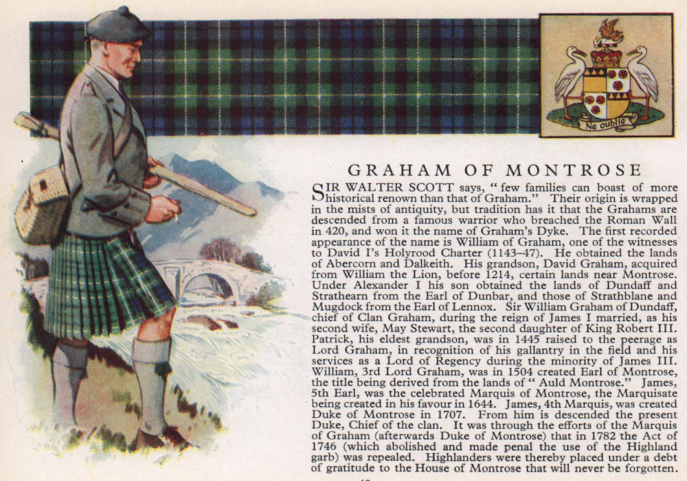 Graham of Montrose. Scotland Scottish clans tartans arms 1957 old print