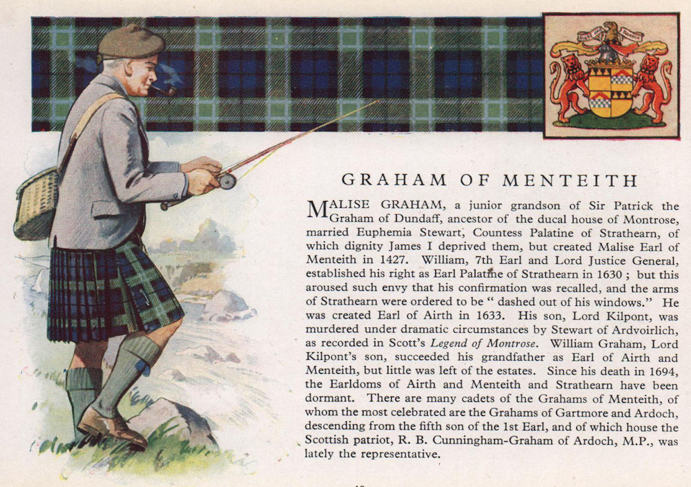 Graham of Menteith. Scotland Scottish clans tartans arms 1957 old print