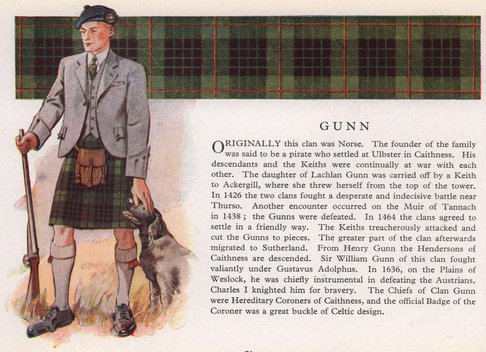 Associate Product Gunn. Scotland Scottish clans tartans arms 1957 old vintage print picture