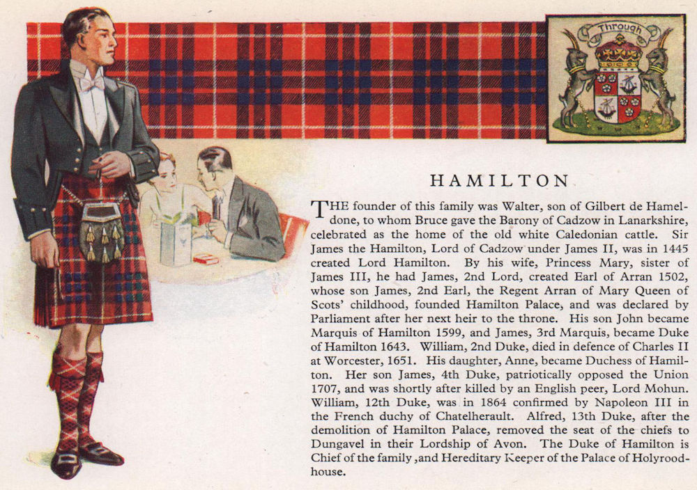 Hamilton. Scotland Scottish clans tartans arms 1957 old vintage print picture