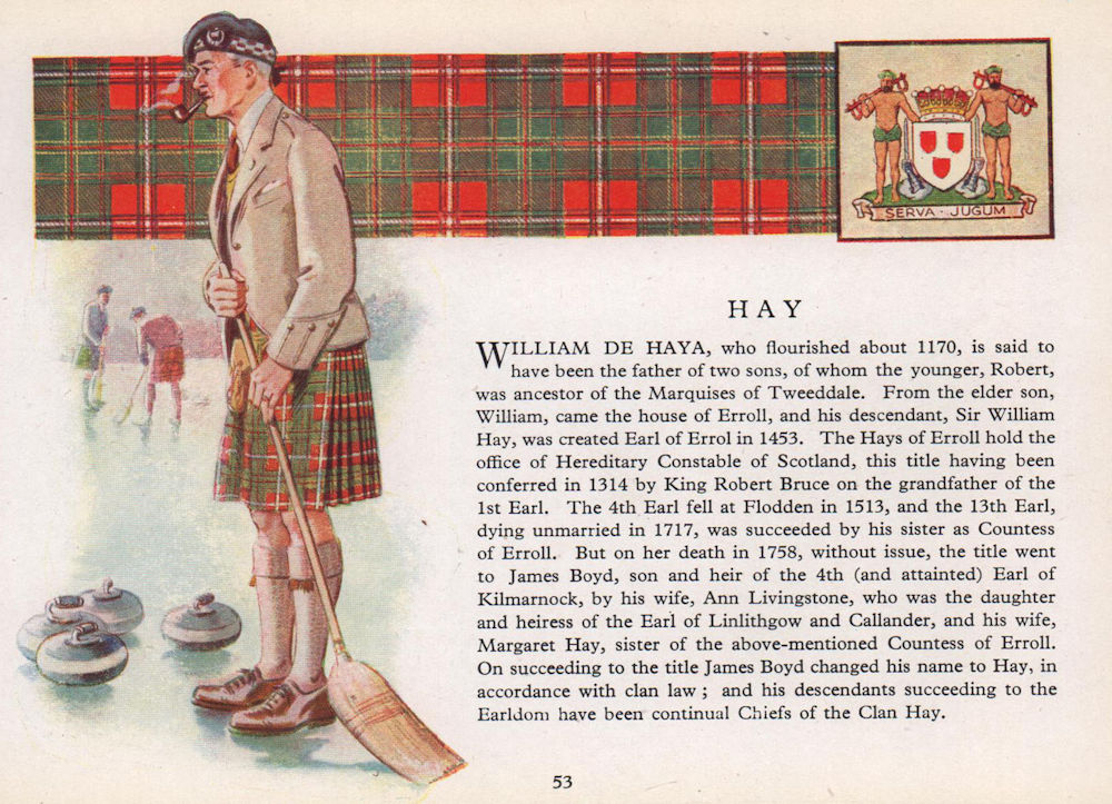 Hay. Scotland Scottish clans tartans arms 1957 old vintage print picture