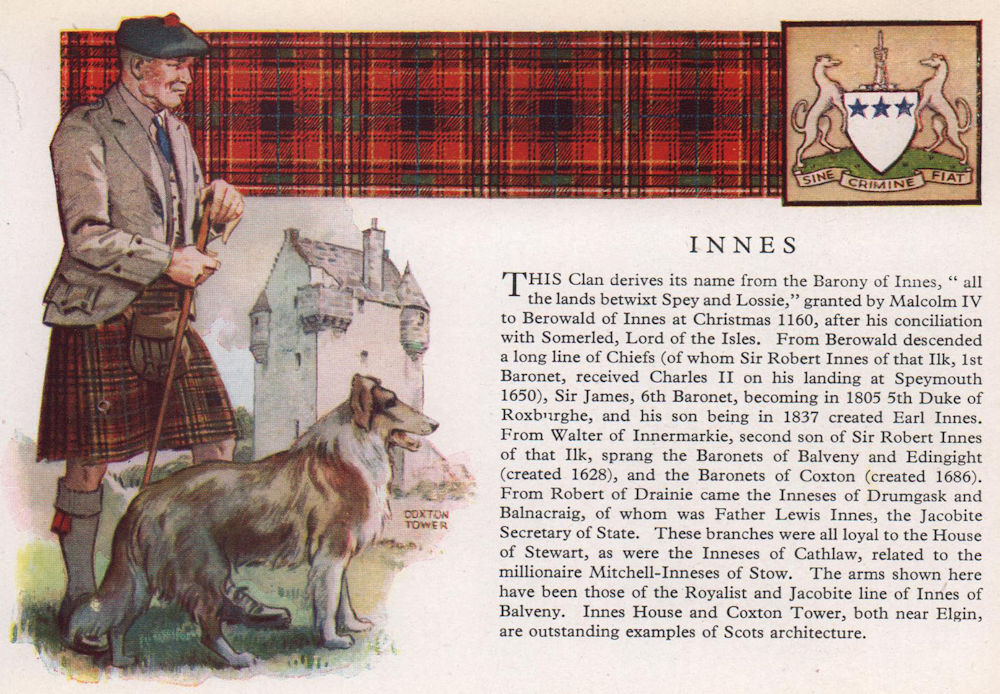Innes. Scotland Scottish clans tartans arms 1957 old vintage print picture