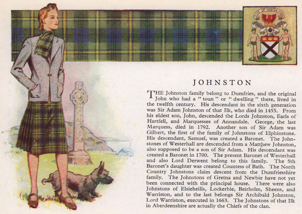 Johnston. Scotland Scottish clans tartans arms 1957 old vintage print picture