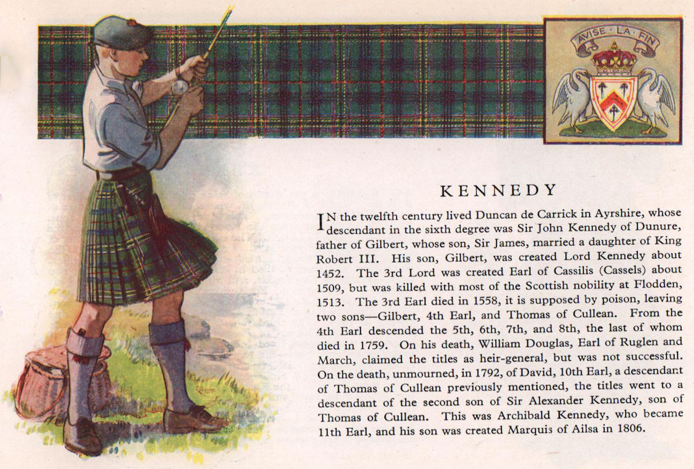Kennedy. Scotland Scottish clans tartans arms 1957 old vintage print picture