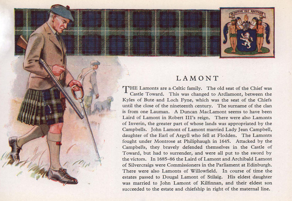 Lamont. Scotland Scottish clans tartans arms 1957 old vintage print picture