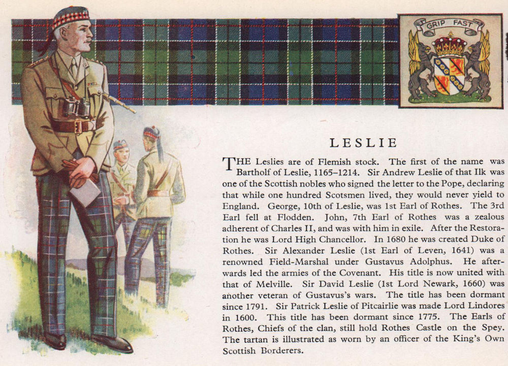 Leslie. Scotland Scottish clans tartans arms 1957 old vintage print picture