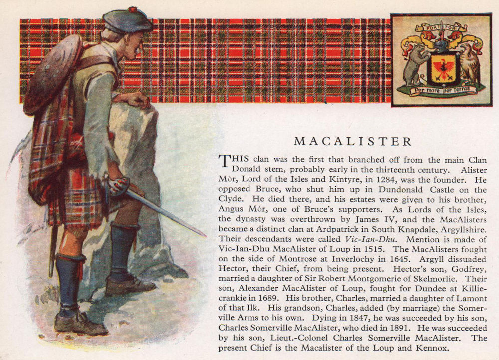 MacAlister. Scotland Scottish clans tartans arms 1957 old vintage print