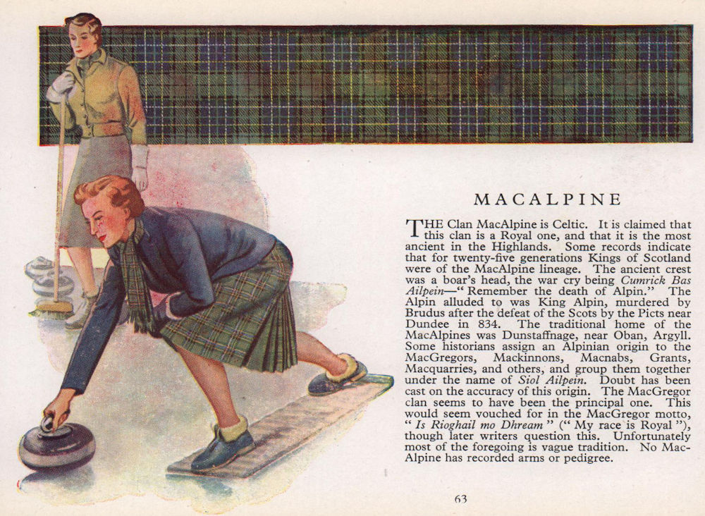 MacAlpine. Scotland Scottish clans tartans arms 1957 old vintage print picture