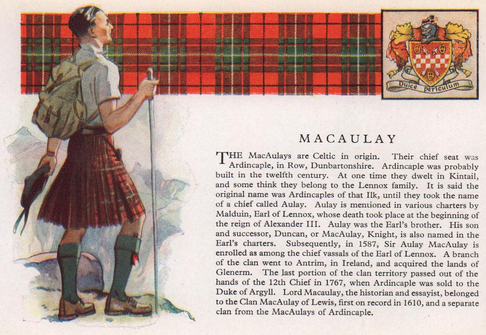 MacAulay. Scotland Scottish clans tartans arms 1957 old vintage print picture