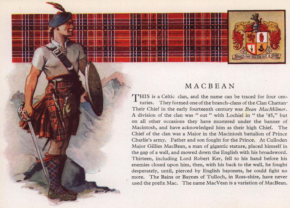 Associate Product MacBean. Scotland Scottish clans tartans arms 1957 old vintage print picture