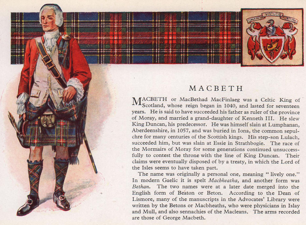 Associate Product MacBeth. Scotland Scottish clans tartans arms 1957 old vintage print picture