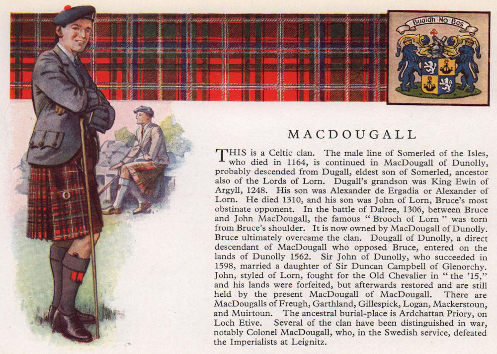MacDougall. Scotland Scottish clans tartans arms 1957 old vintage print