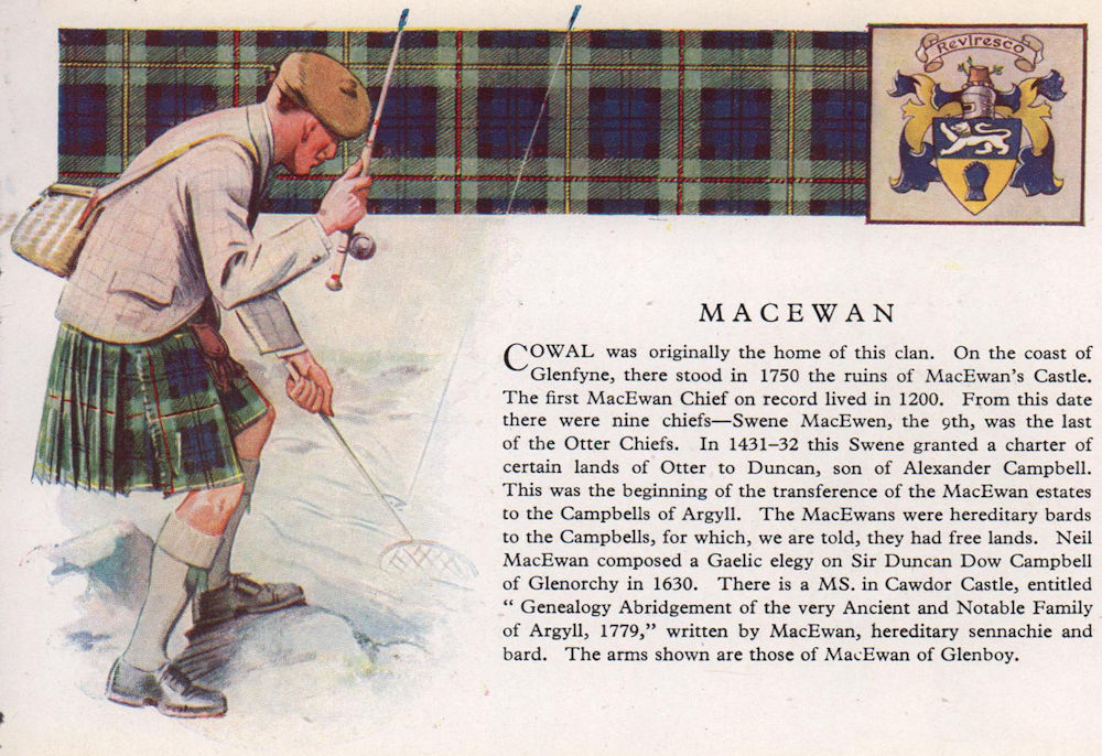 MacEwan. Scotland Scottish clans tartans arms 1957 old vintage print picture