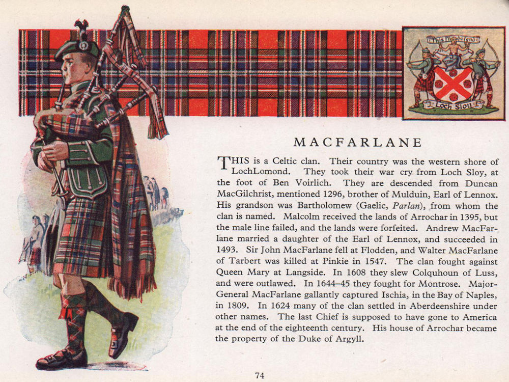 MacFarlane. Scotland Scottish clans tartans arms 1957 old vintage print