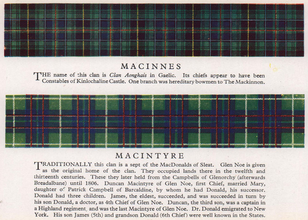 Macinnes, Macintyre. Scotland Scottish clans tartans arms 1957 old print
