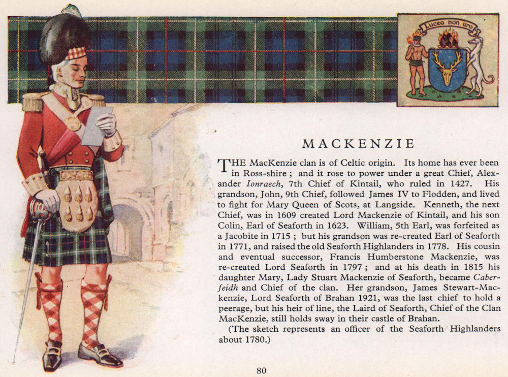 MacKenzie. Scotland Scottish clans tartans arms 1957 old vintage print picture