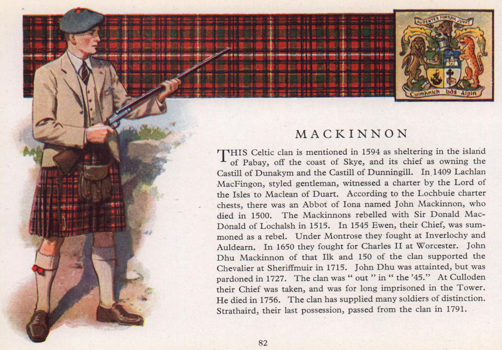 MacKinnon. Scotland Scottish clans tartans arms 1957 old vintage print picture