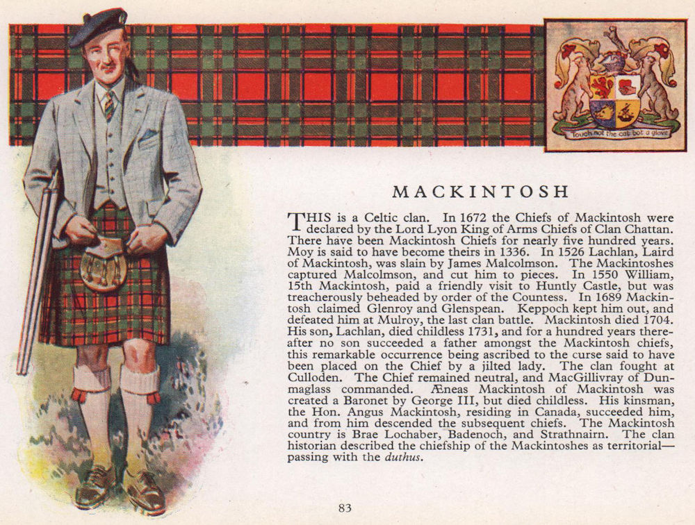 MacKintosh. Scotland Scottish clans tartans arms 1957 old vintage print
