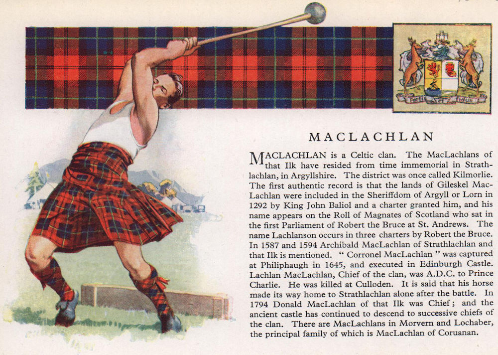 MacLachlan. Scotland Scottish clans tartans arms 1957 old vintage print