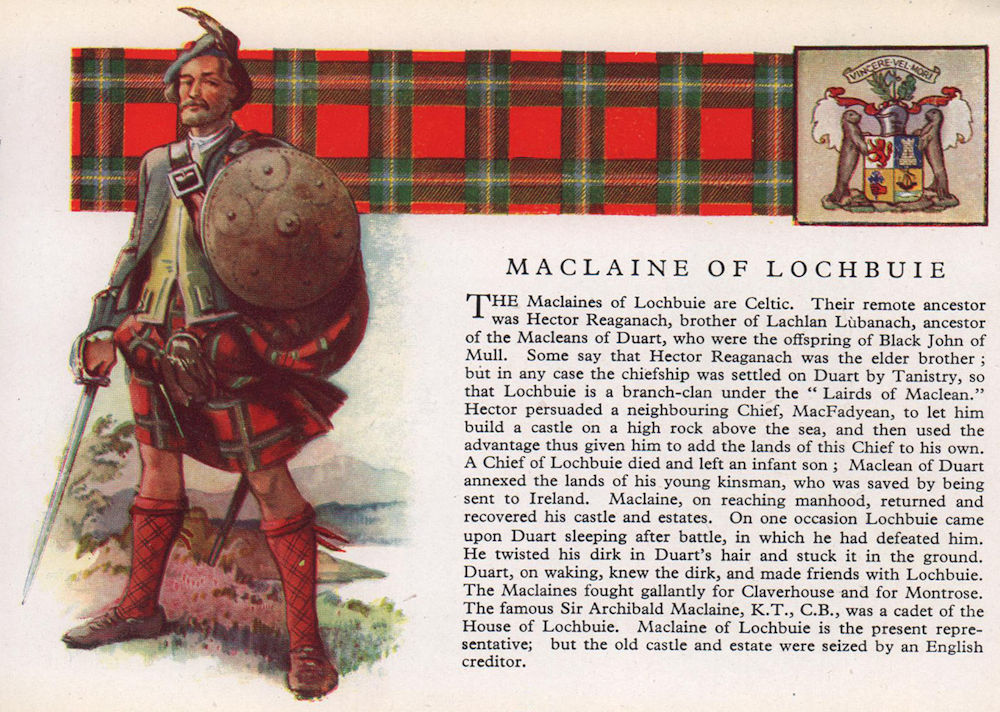 MacLaine of Lochbuie. Scotland Scottish clans tartans arms 1957 old print