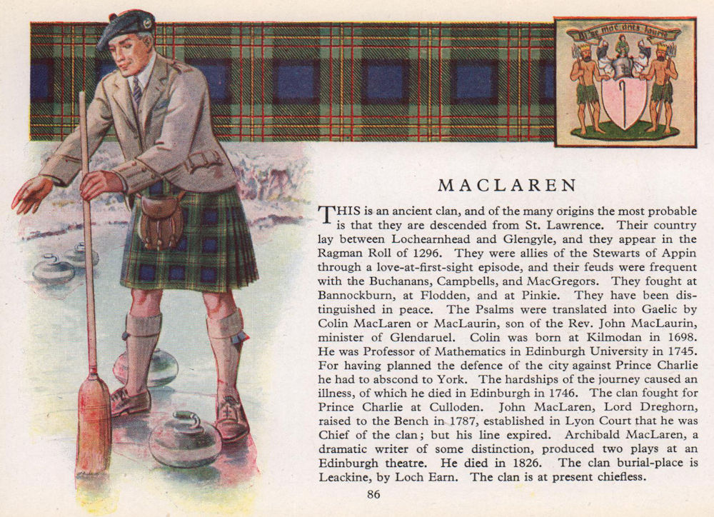 Associate Product MacLaren. Scotland Scottish clans tartans arms 1957 old vintage print picture