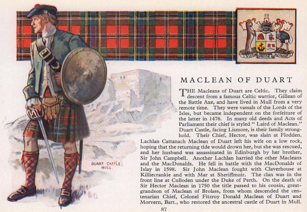 MacLean of Duart. Scotland Scottish clans tartans arms 1957 old vintage print