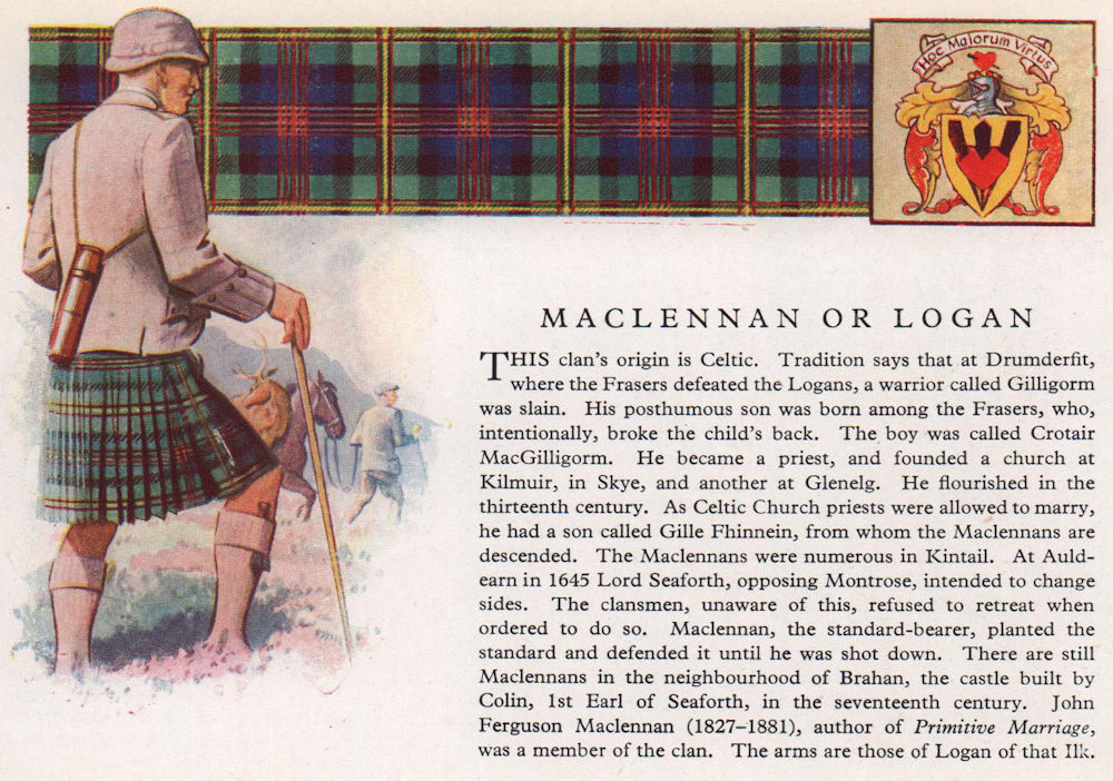 MacLennan of Logan. Scotland Scottish clans tartans arms 1957 old print
