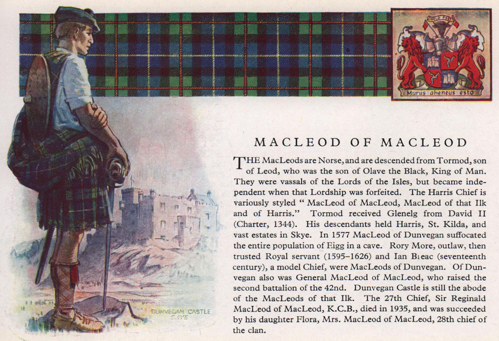 MacLeod of Macleod. Scotland Scottish clans tartans arms 1957 old print