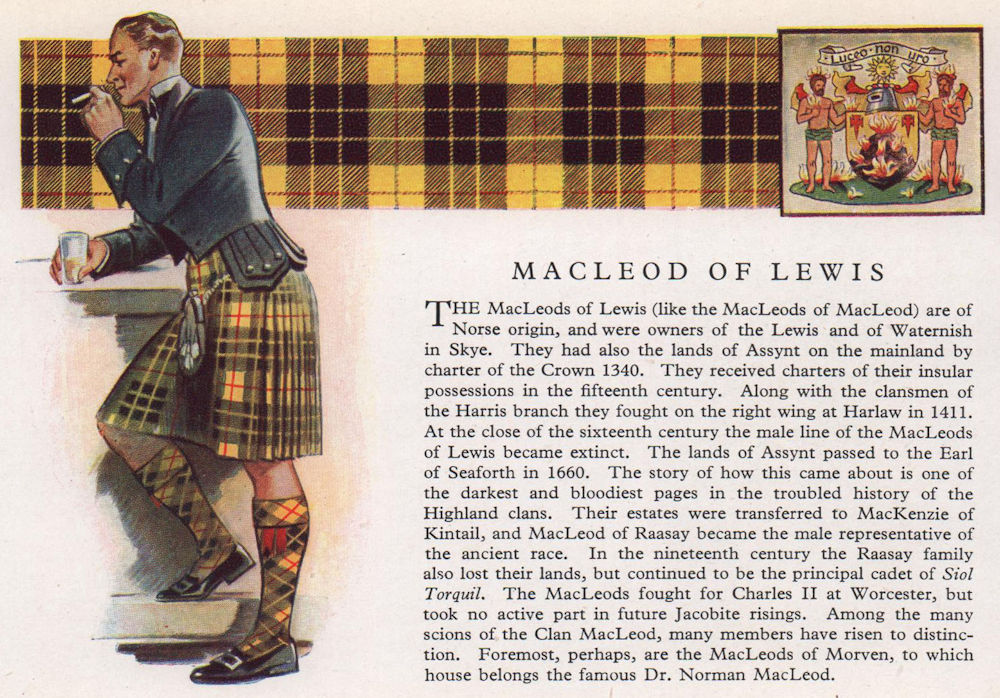 MacLeod of Lewis. Scotland Scottish clans tartans arms 1957 old vintage print