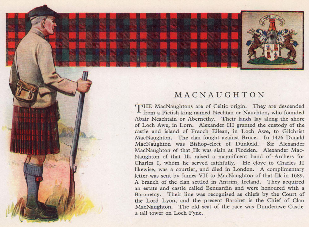 MacNaughton. Scotland Scottish clans tartans arms 1957 old vintage print