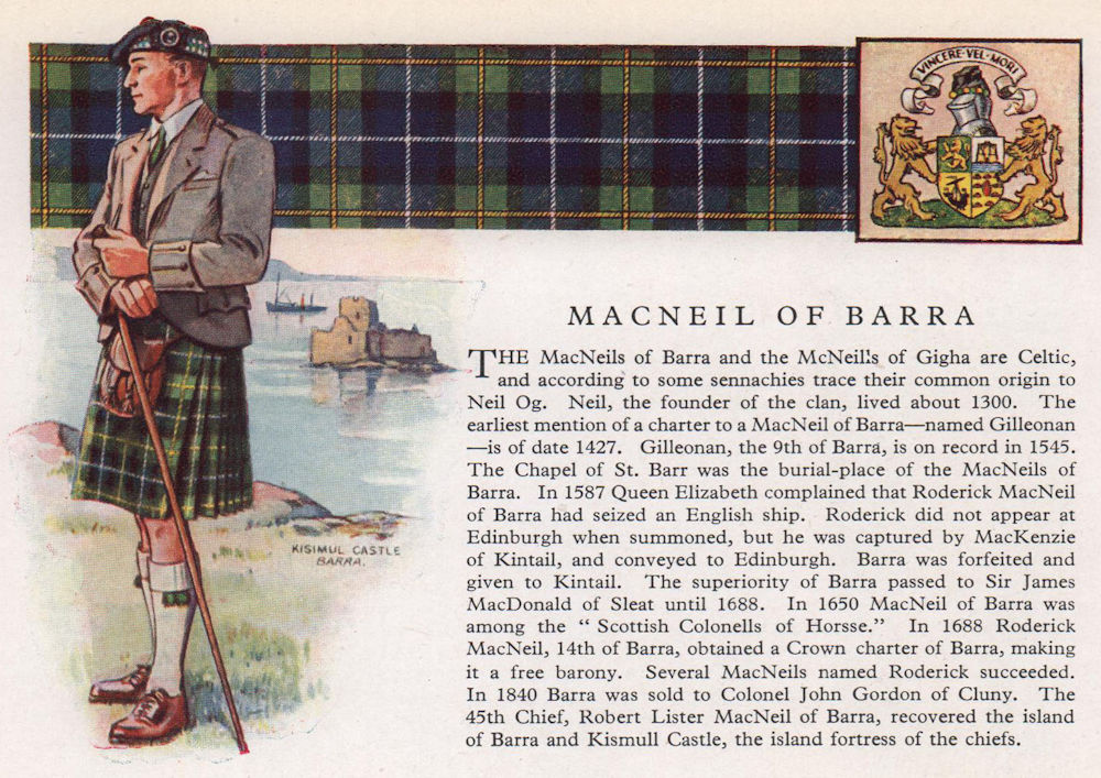 MacNeil of Barra. Scotland Scottish clans tartans arms 1957 old vintage print