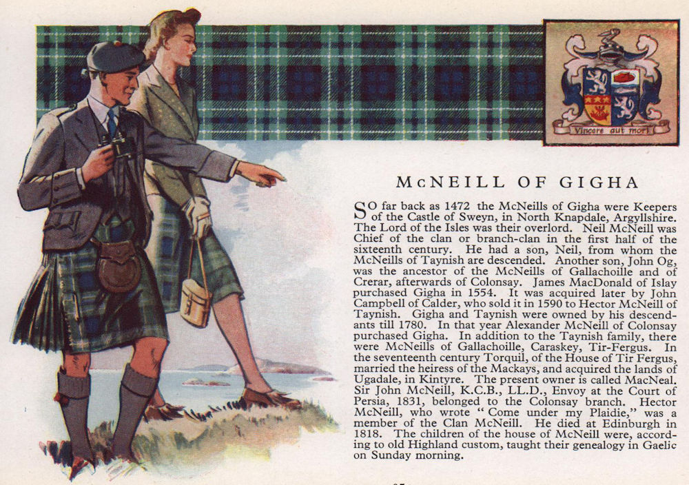 McNeill of Gigha. Scotland Scottish clans tartans arms 1957 old vintage print