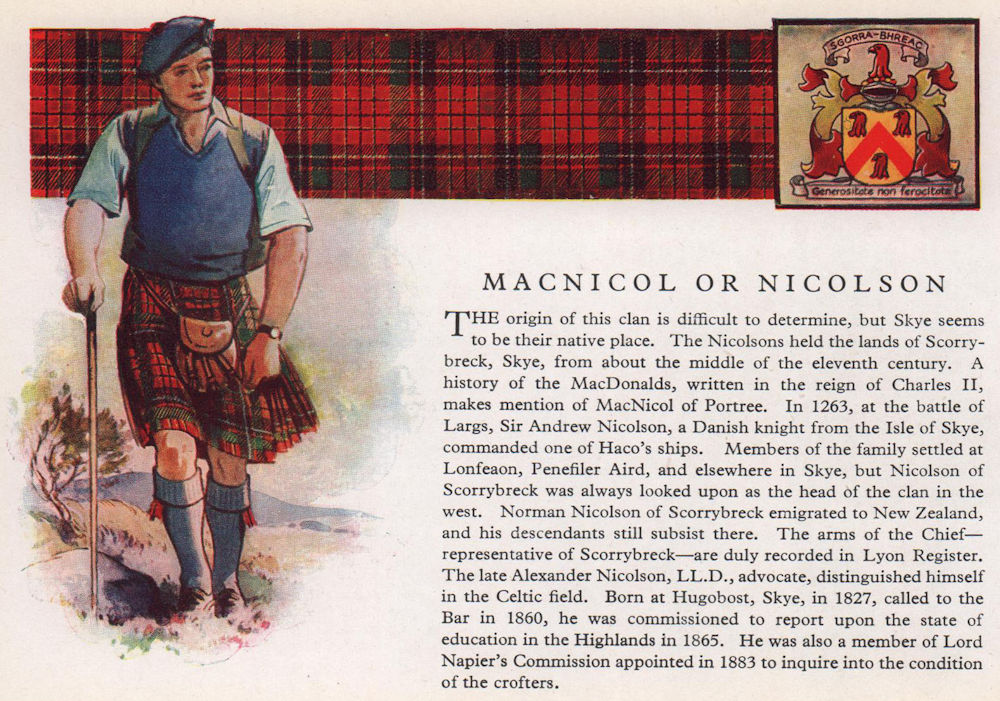 MacNicol or Nicolson. Scotland Scottish clans tartans arms 1957 old print