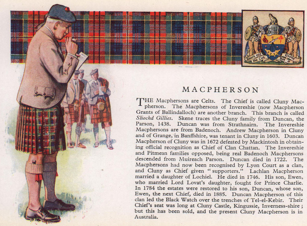 MacPherson. Scotland Scottish clans tartans arms 1957 old vintage print