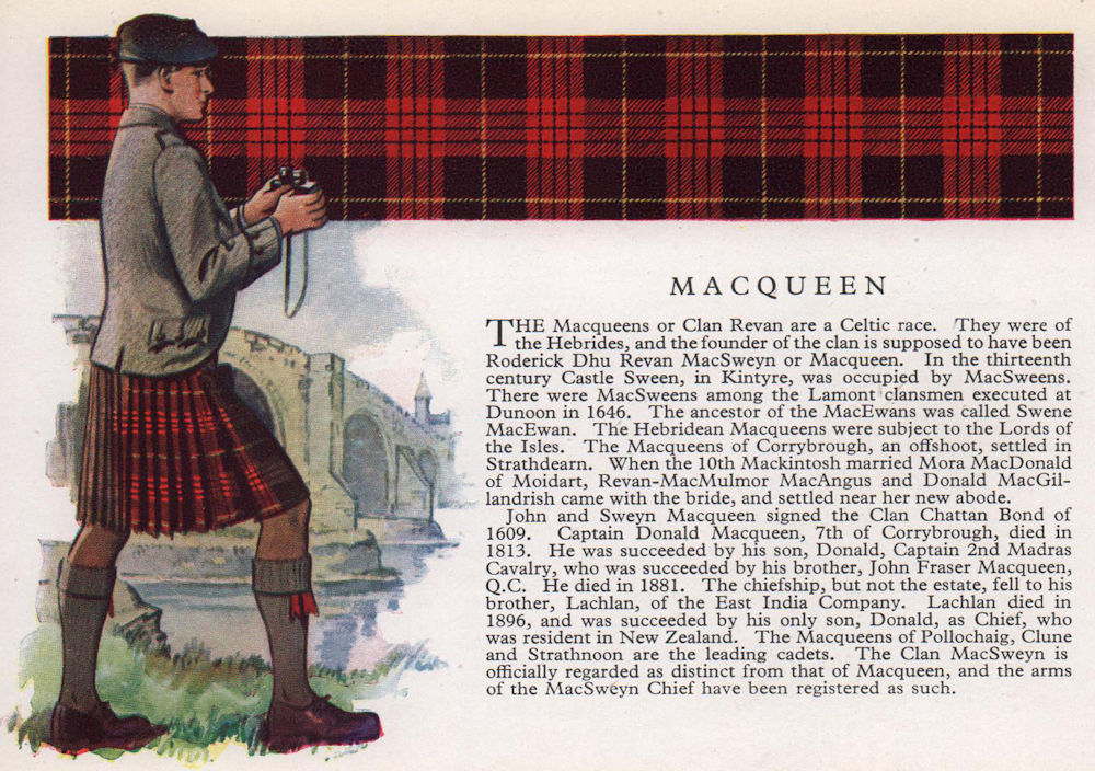 MacQueen. Scotland Scottish clans tartans arms 1957 old vintage print picture