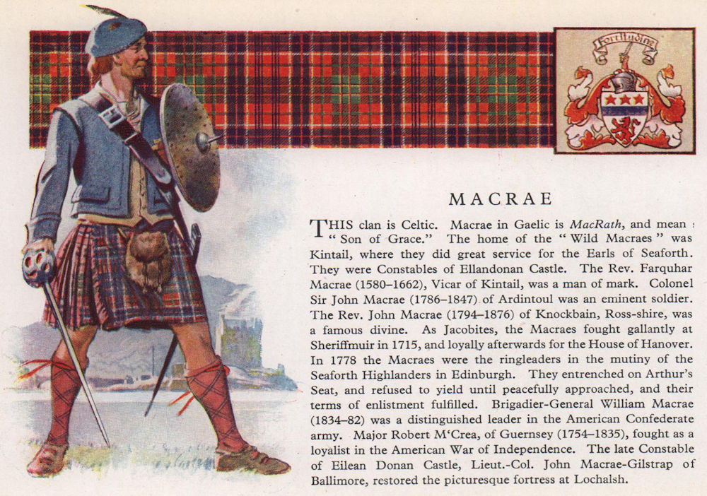 MacRae. Scotland Scottish clans tartans arms 1957 old vintage print picture