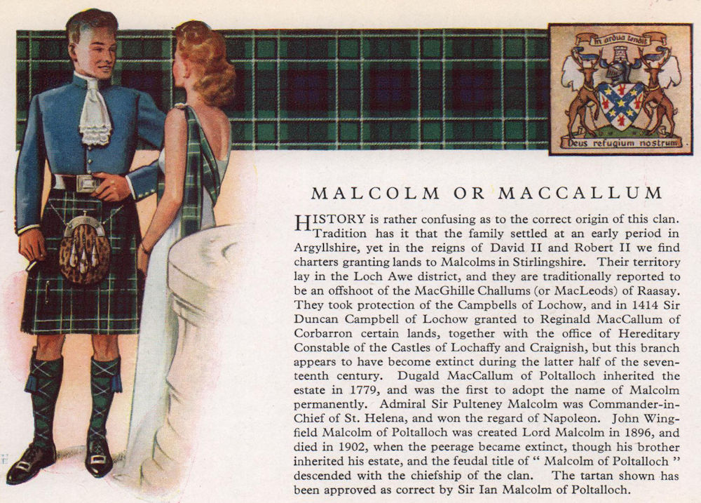 Malcolm or MacCallum. Scotland Scottish clans tartans arms 1957 old print