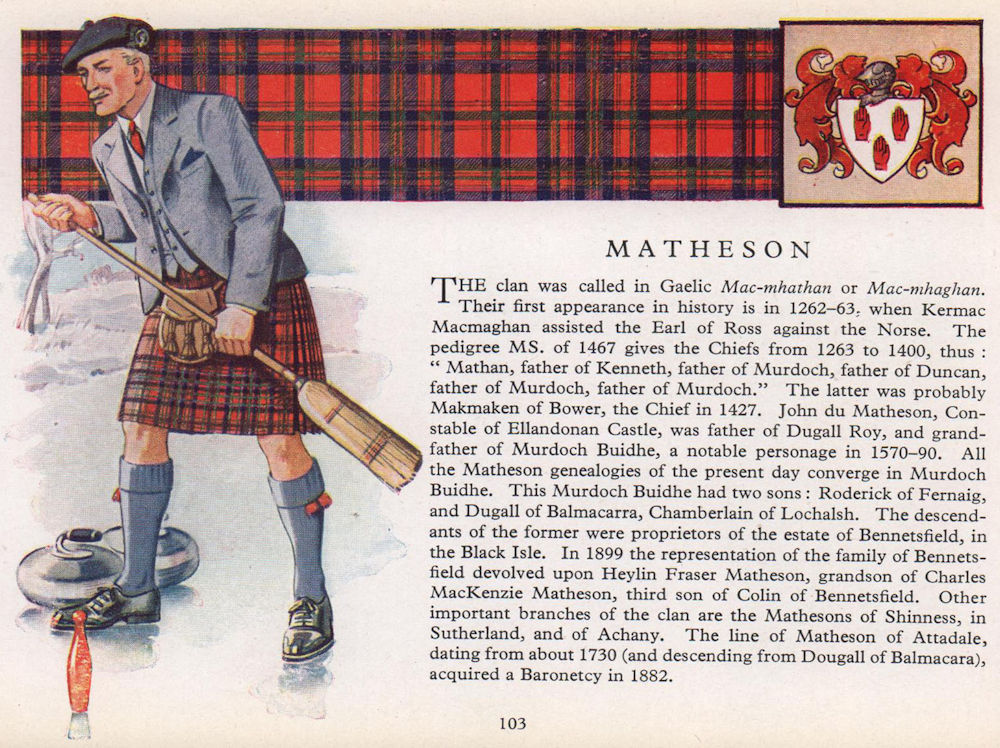 Associate Product Matheson. Scotland Scottish clans tartans arms 1957 old vintage print picture