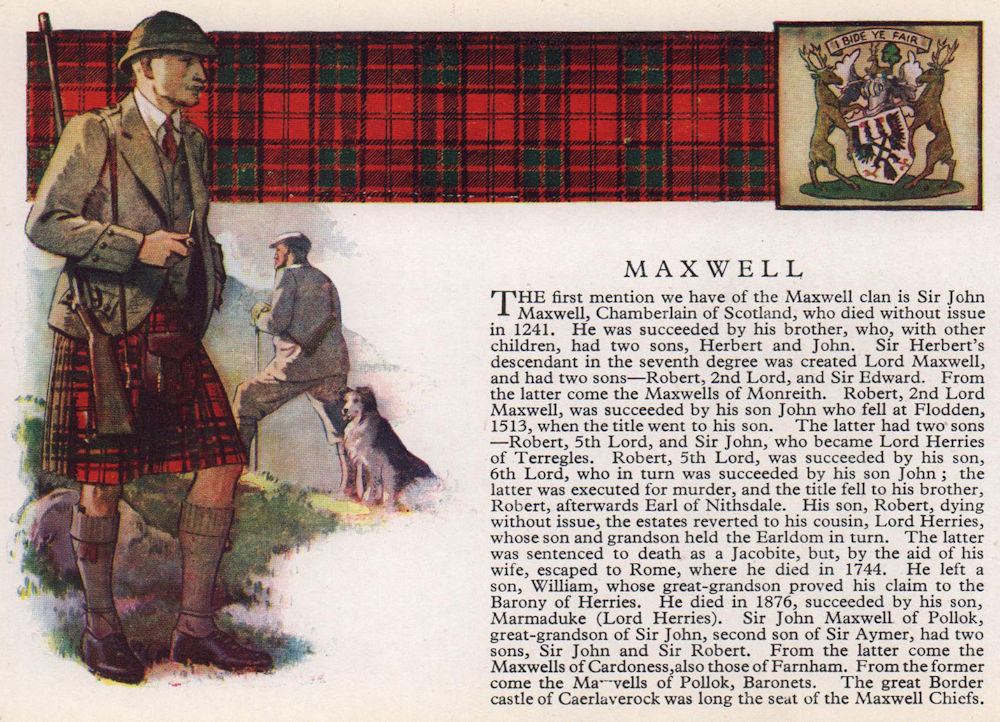 Maxwell. Scotland Scottish clans tartans arms 1957 old vintage print picture