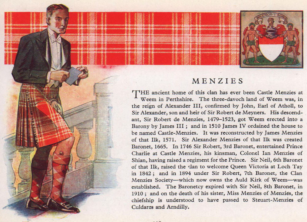 Menzies. Scotland Scottish clans tartans arms 1957 old vintage print picture