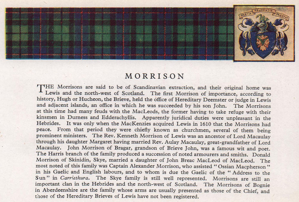 Morrison. Scotland Scottish clans tartans arms 1957 old vintage print picture