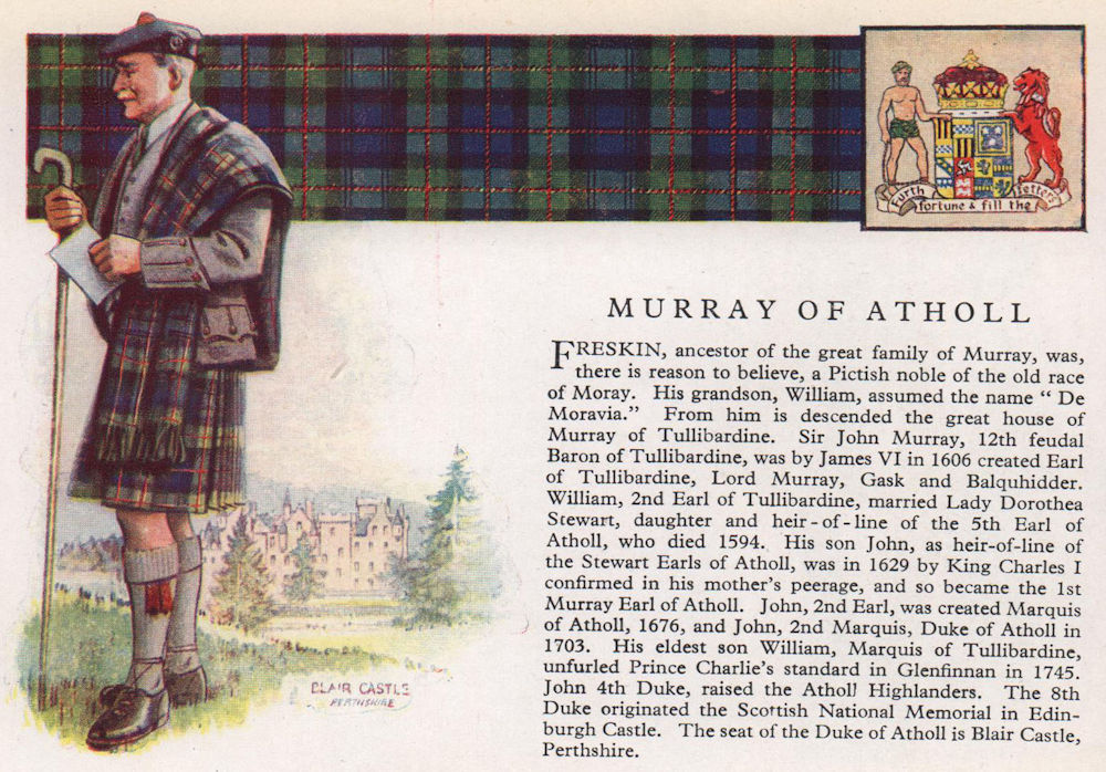 Murray of Atholl. Scotland Scottish clans tartans arms 1957 old vintage print