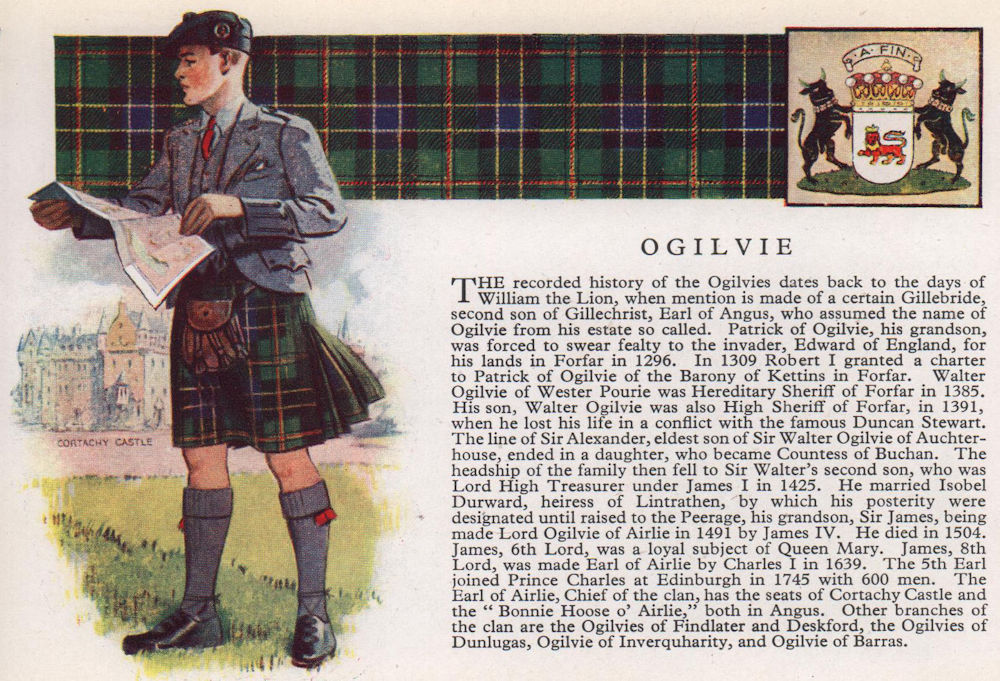 Ogilvie. Scotland Scottish clans tartans arms 1957 old vintage print picture