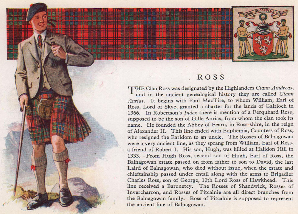 Associate Product Ross. Scotland Scottish clans tartans arms 1957 old vintage print picture