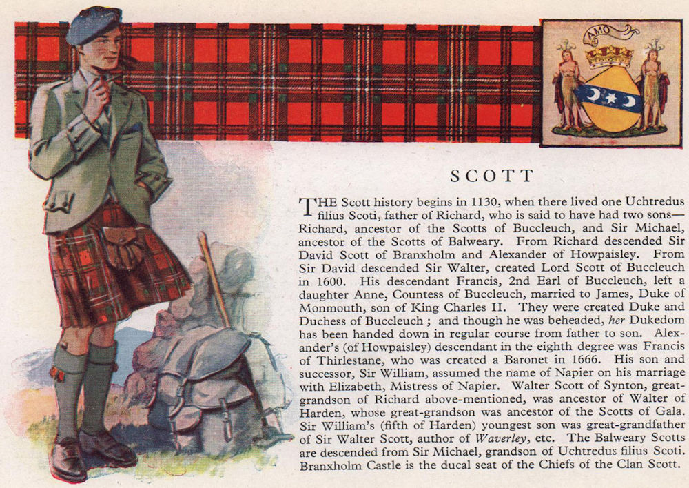 Associate Product Scott. Scotland Scottish clans tartans arms 1957 old vintage print picture