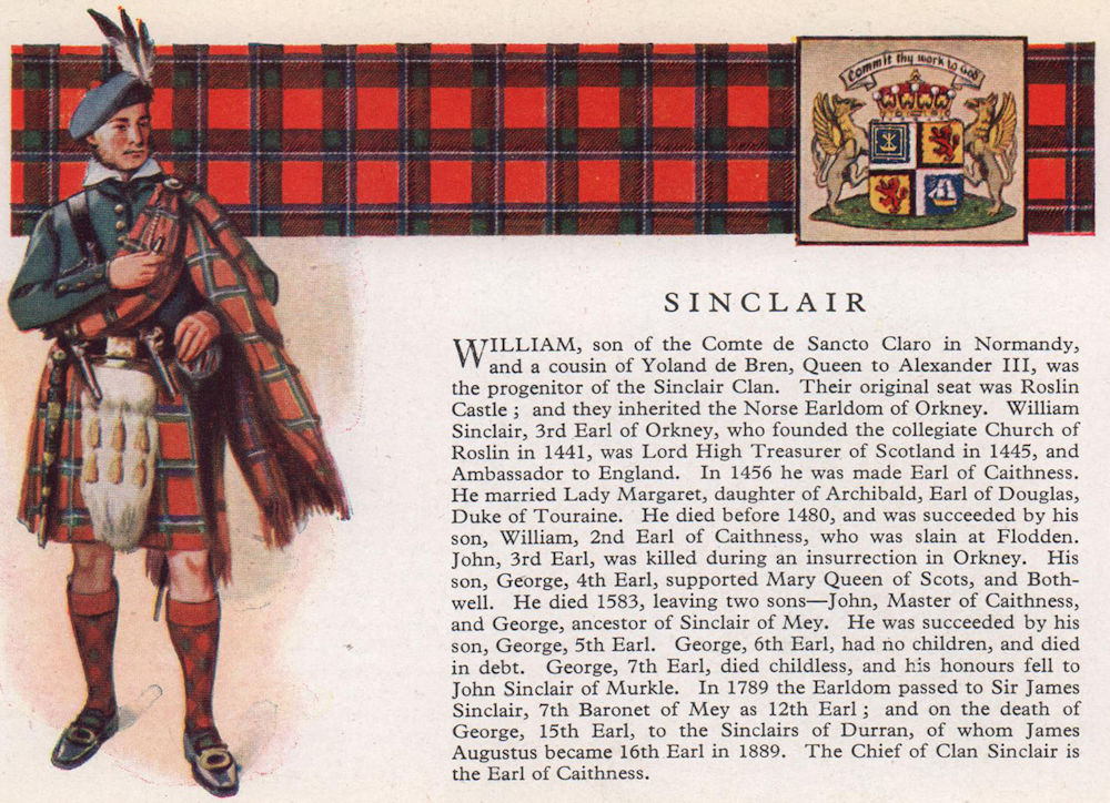 Sinclair. Scotland Scottish clans tartans arms 1957 old vintage print picture